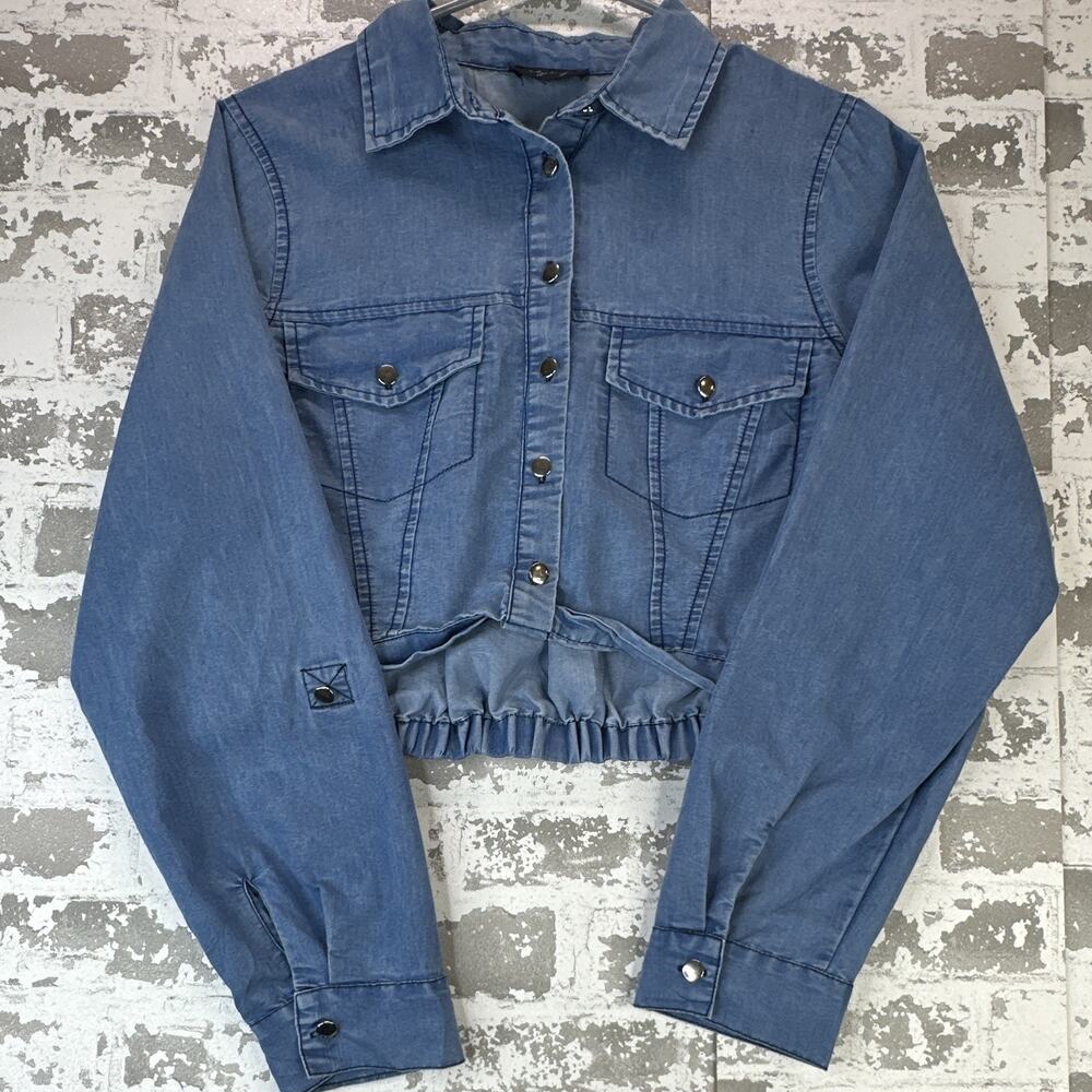 Indulge in Blue Womens L Cropped Denim Jacket Blue Snap Front Elastic Hem
